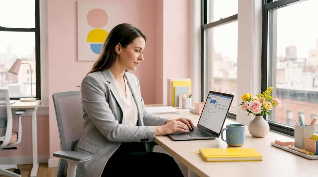 Woman in blazer working at desk