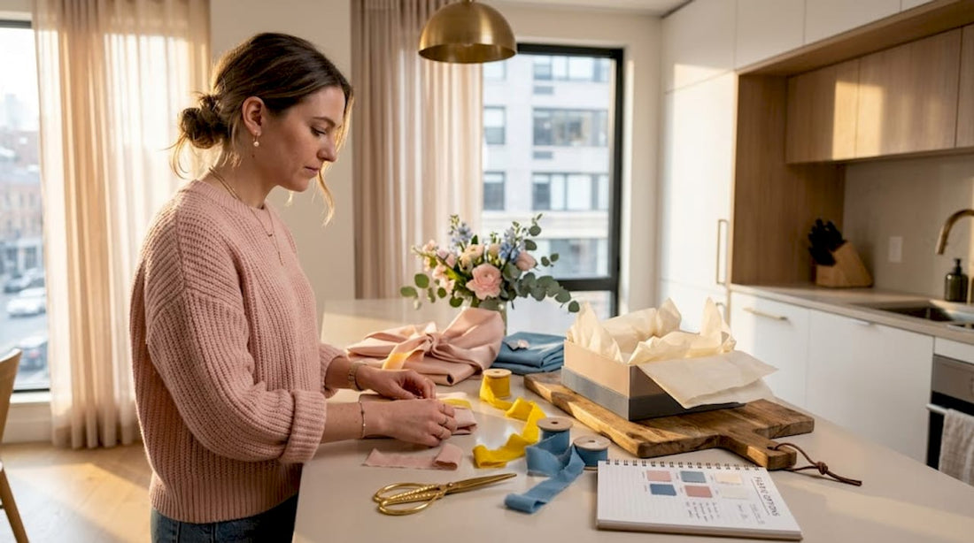 Woman preparing to wrap fashion gift at dining table