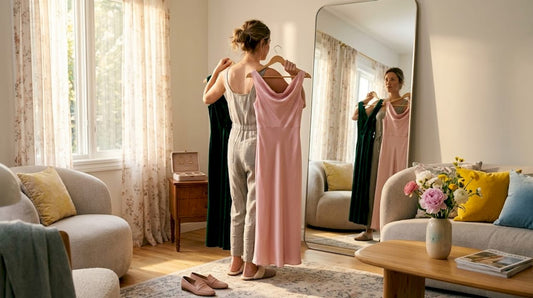 Woman deciding between two evening dresses