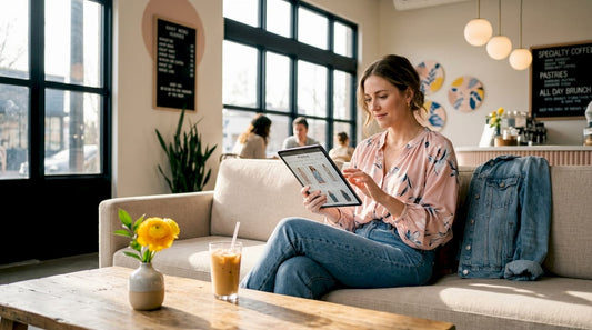 Woman shopping online fashion on sofa