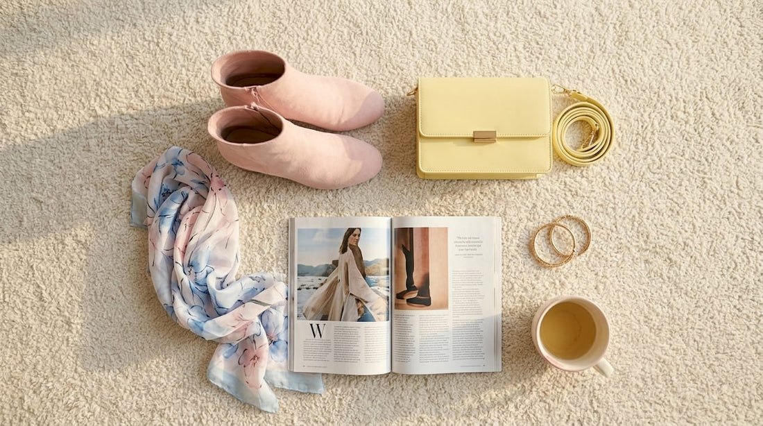 Fashion accessories flat lay with shoes and clutch