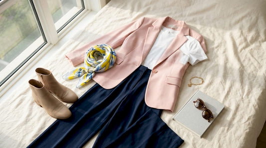 Flat lay of elegant blazer outfit components