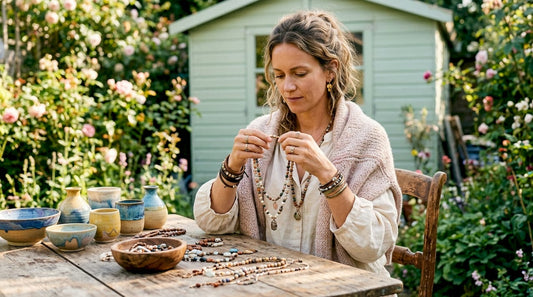 Woman layering boho chic accessories indoors