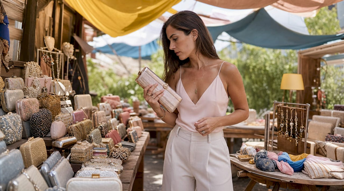Woman examining elegant evening handbags in boutique