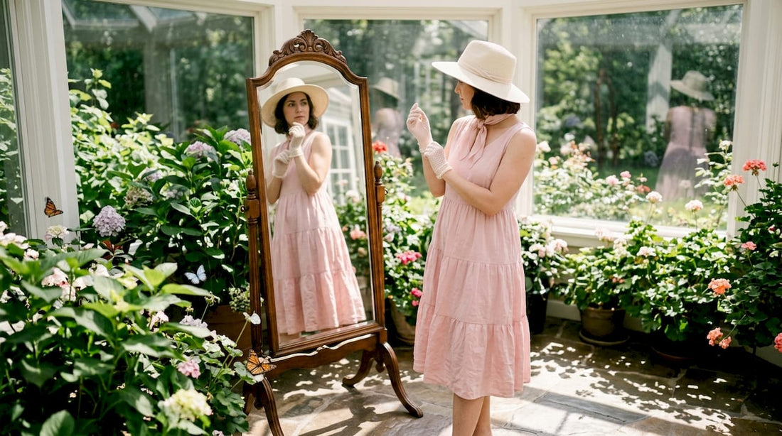 Woman in pastel morning dress adjusting gloves indoors