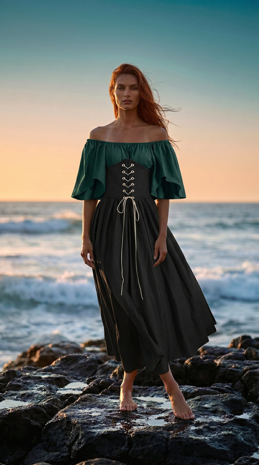 Enchanted Irish Fairytale Gown – Ruffled Renaissance Overdress with Retro Corset