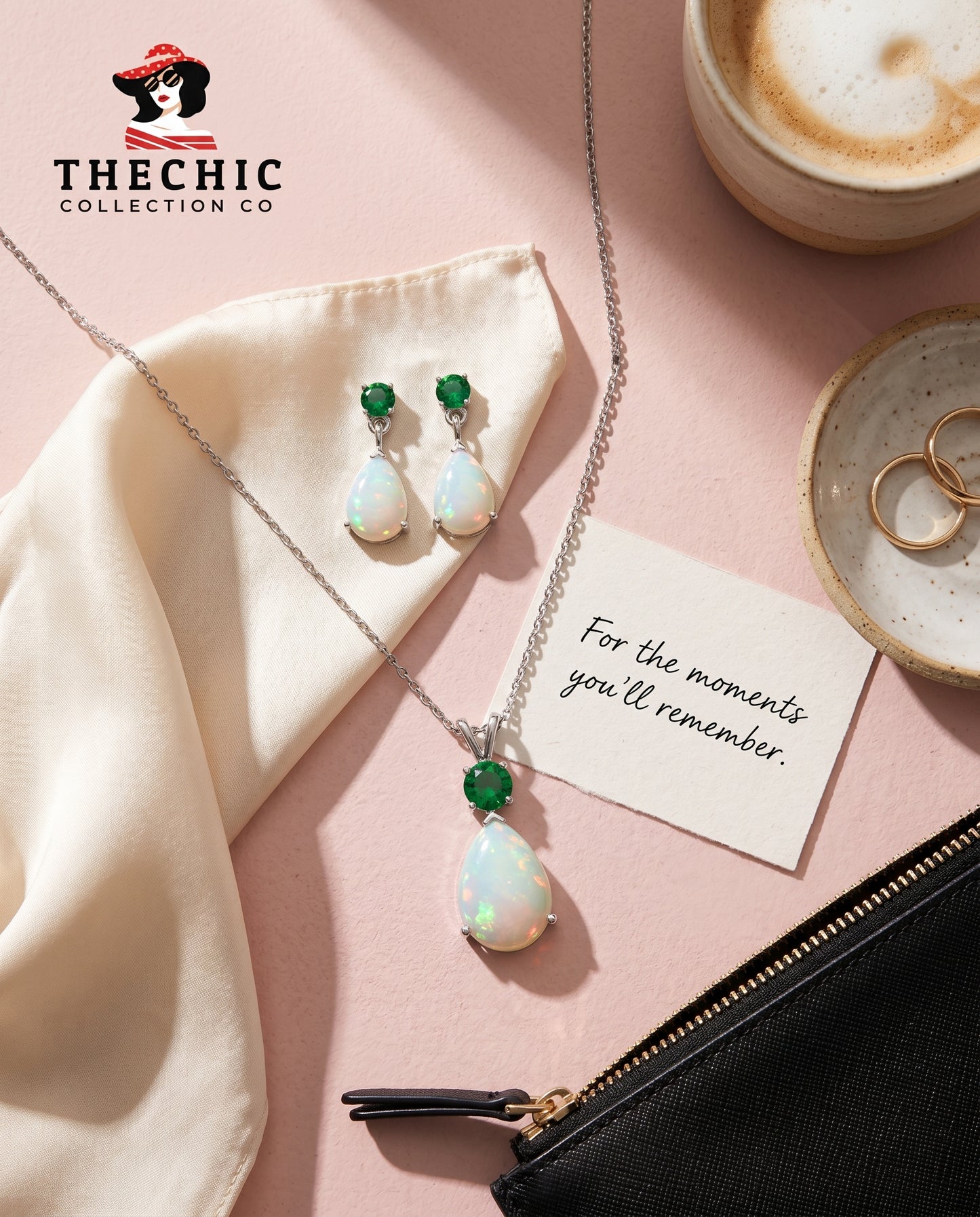 The Chic Opal and Emerald Jewelry Set for Women - Matching Natural Pear Shaped Opal and Emerald Necklace and Stud Earrings
