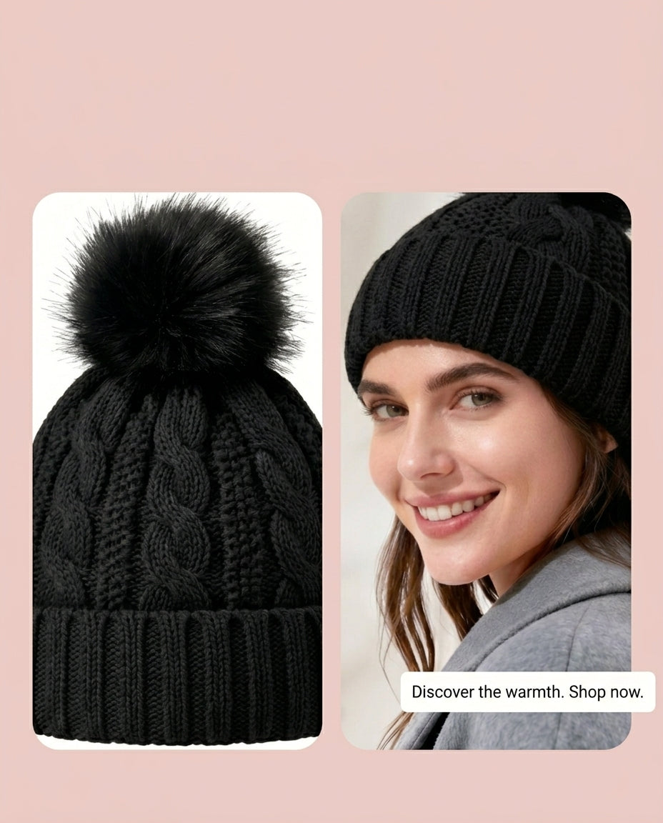 Cozy Pom-Pom Knit Beanie – Ultra Warm, Plush Lined, One Size Fits All