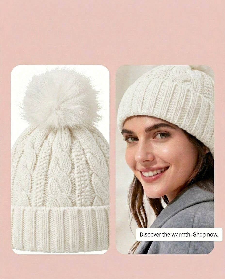 Cozy Pom-Pom Knit Beanie – Ultra Warm, Plush Lined, One Size Fits All
