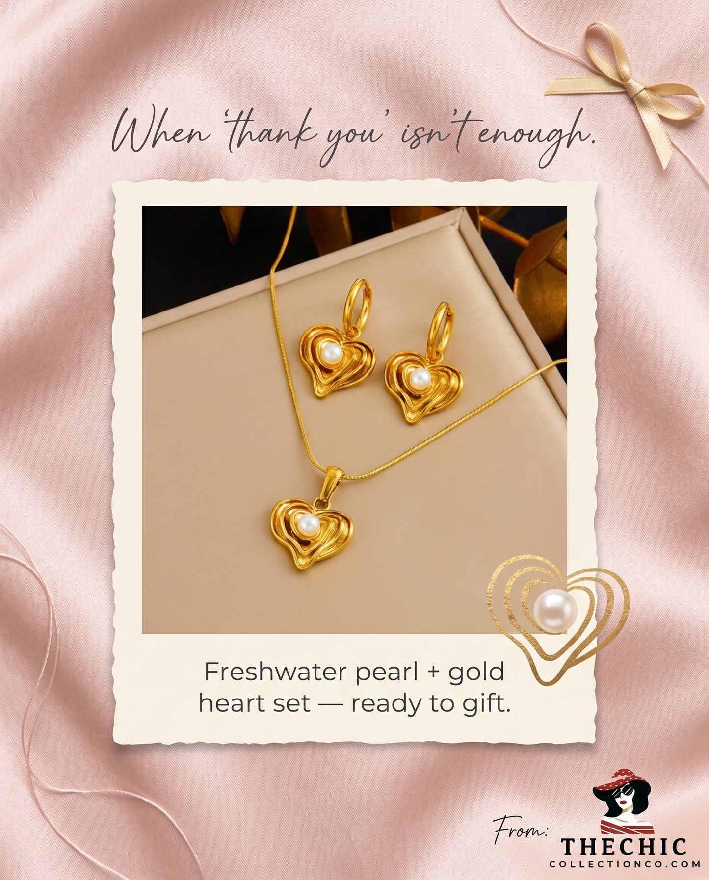 The Chic Infinite Love Set: Freshwater Pearl & Gold Heart Necklace with Earrings