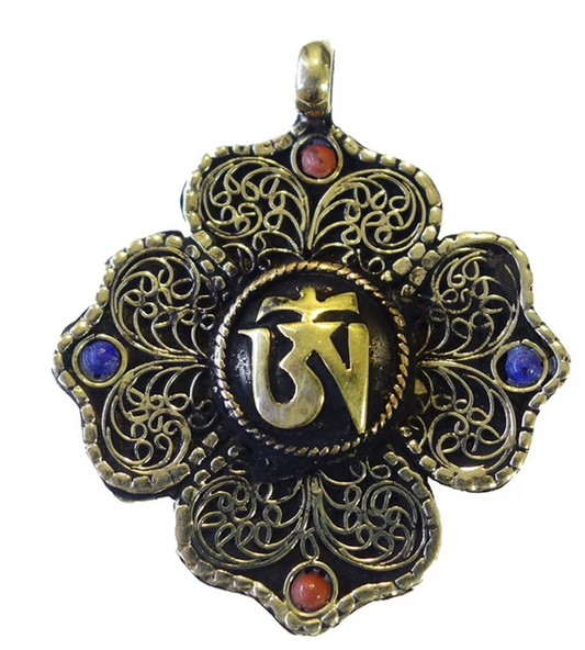 Handmade Brass Pendant with Lapis Lazuli & Coral Boho Prayer Jewelry for Men & Women