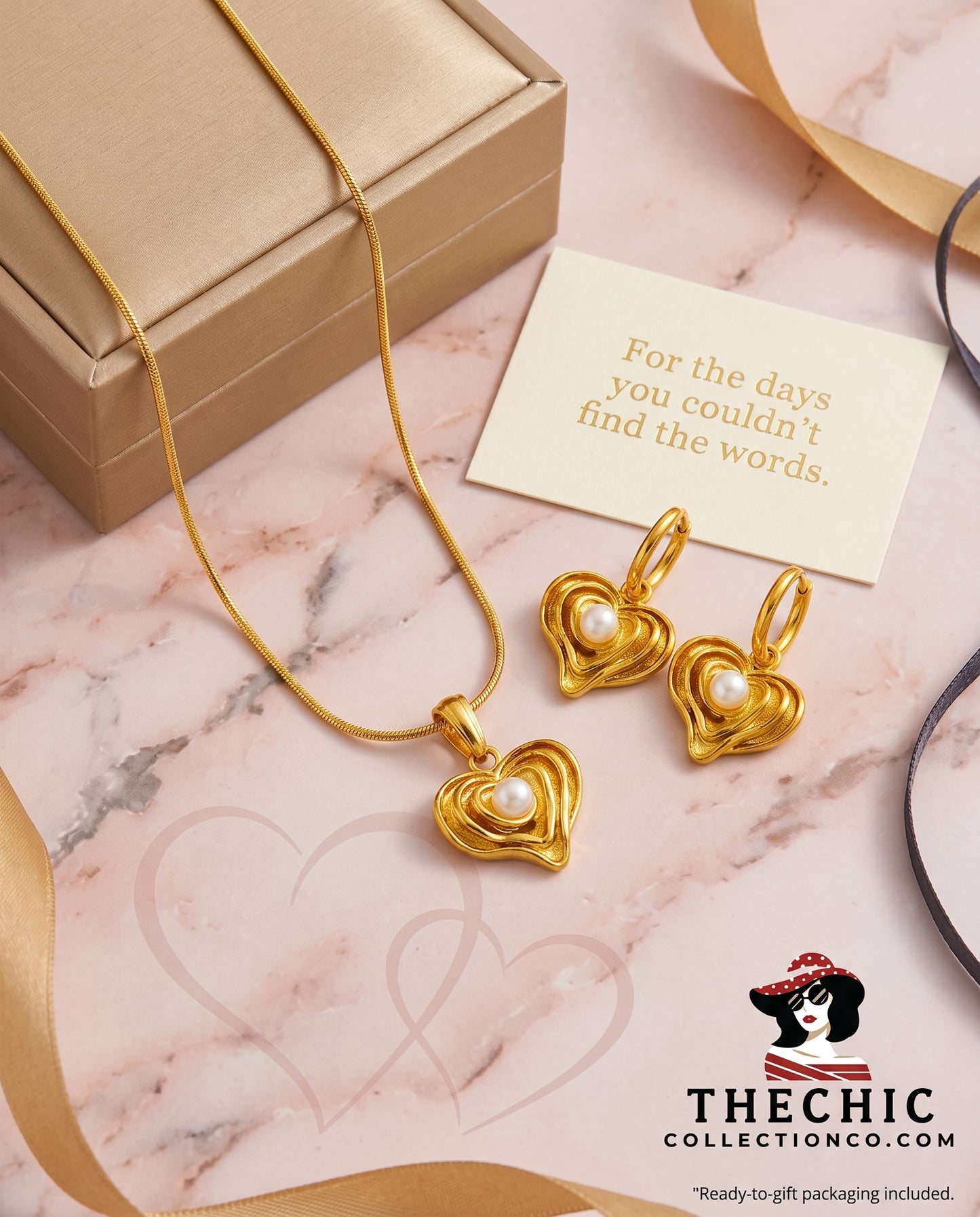 The Chic Infinite Love Set: Freshwater Pearl & Gold Heart Necklace with Earrings