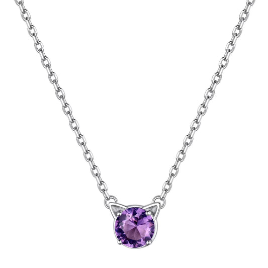 Cute Cat Necklace Sterling Silver Birthstone Pendant Necklace for Women Dainty Jewelry Valentines Day Gifts for Cat Lovers Wife Sister Mom