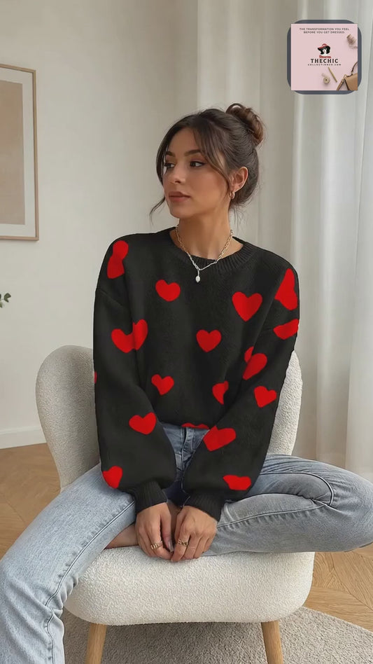 The Chic Printed Heart Knitted Sweater - Cozy Loose Fit with Playful Heart Pattern for Fall and Winter Comfort