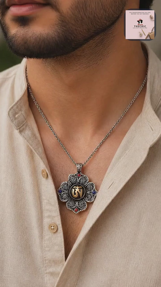 The Chic Handmade Brass Pendant with Lapis Lazuli & Coral Boho Prayer Jewelry for Men & Women